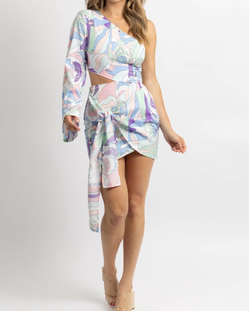 Front of a model wearing a size L One Sleeved Side-Tie Mini Dress In Pastel Print in Pastel Print by LUXXEL. | dia_product_style_image_id:357931